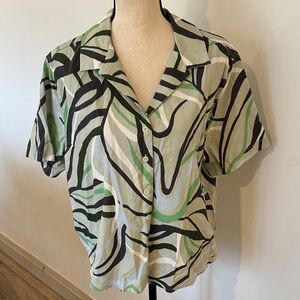 VTG Far West Cotton Blend XL Green and Black Patterned Women's Button Front Top